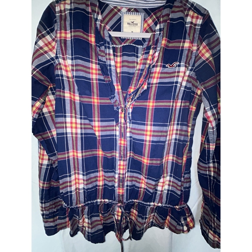 Hollister Peplum Plaid Long Sleeve Blouse Preppy Academia Casual Sz M Ruffles